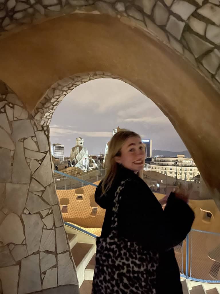 Charlie on a guided night time tour of Casa Milá in Barcelona, including rooftop views of the city.